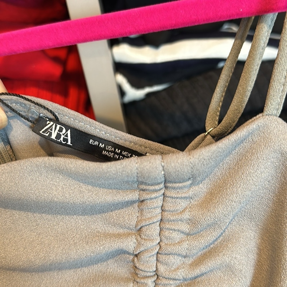 Zara gray spaghetti adjustable strapped ruched tie dress size M - Picture 2 of 3